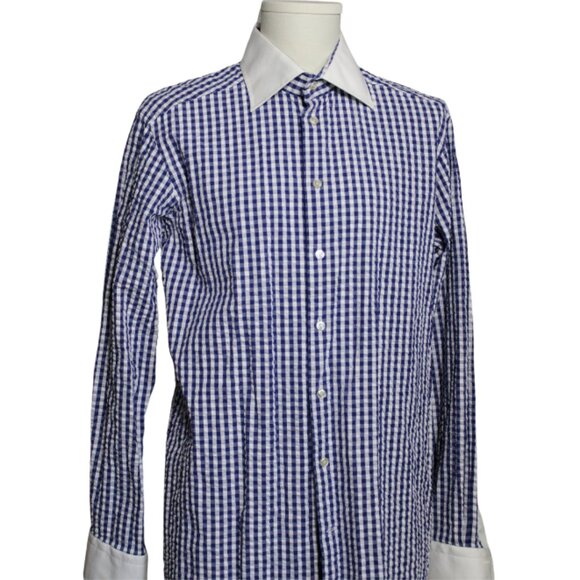 ETON SZ 16.5  Blue & White Gingham Men's Long Sleeve Button Up Shirt - Picture 1 of 7